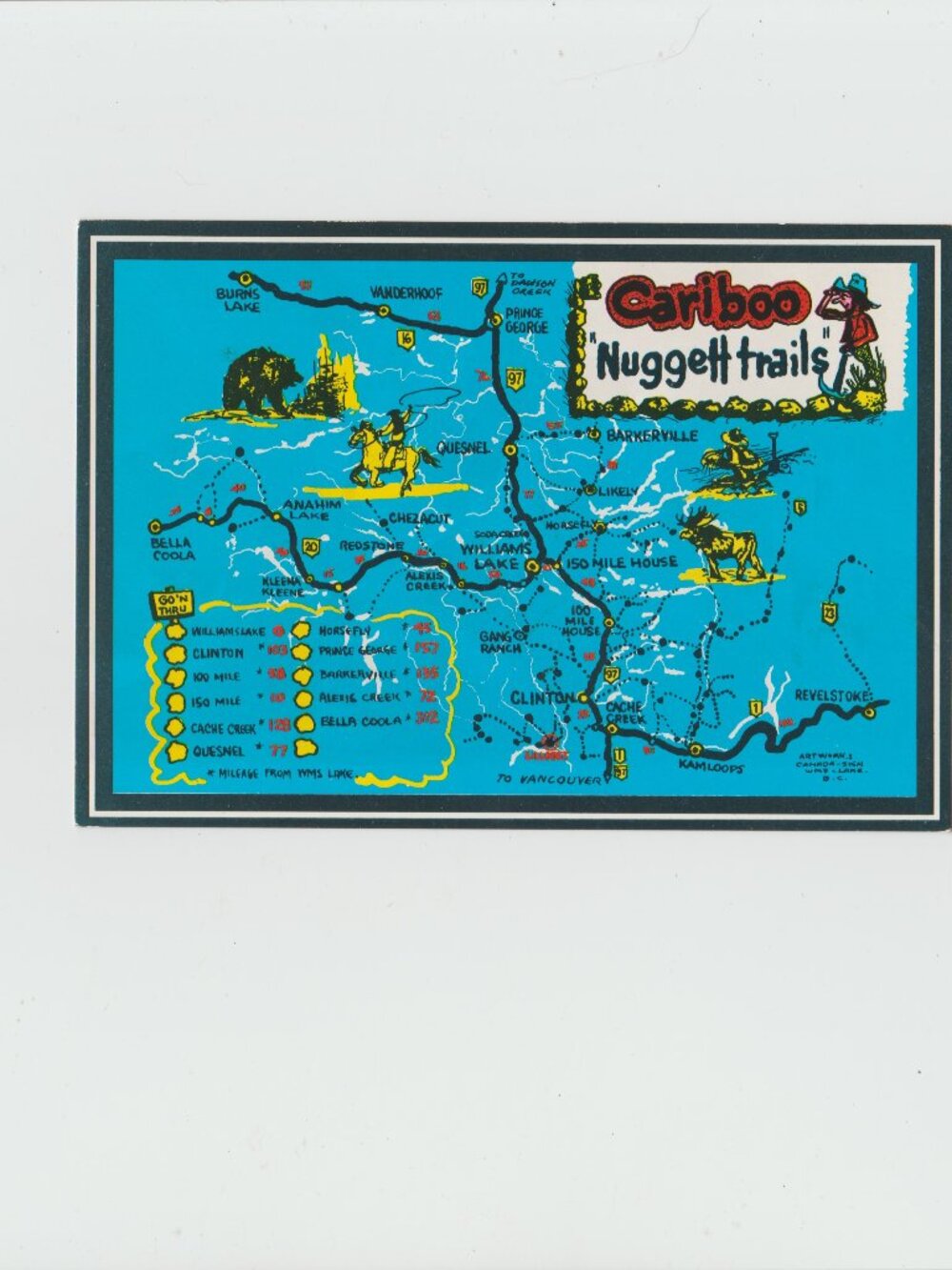 1960's Carboo Nugget Trails Mileage Map Postcard